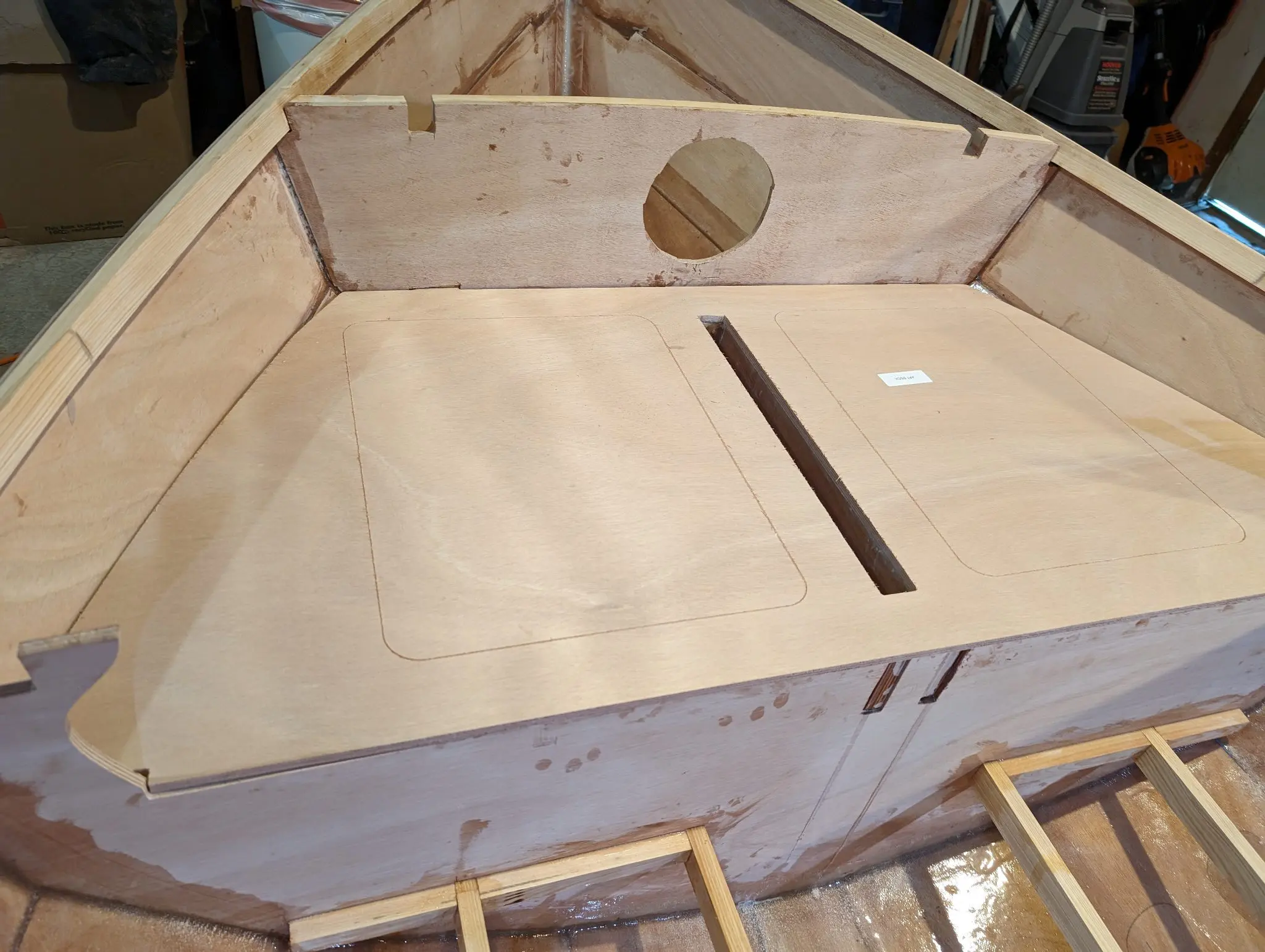 The Guider: Deck cleats and beams installed, dry fitting the deck