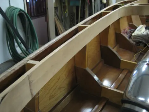 Hot Rod: Carlings and trim: First lamination at Port gunwale clamped