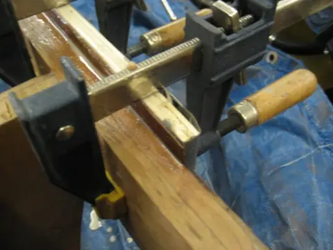 Hot Rod: Carlings and trim: First lamination at Port gunwale clamped