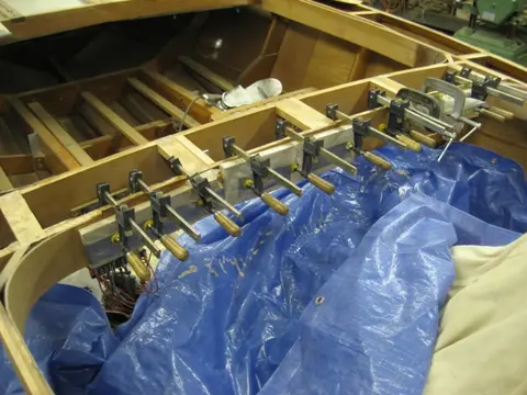 Hot Rod: Carlings and trim: Second corner lamination at Frame # 4 clamped