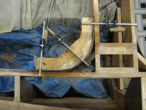 Hot Rod: Carlings and trim: Second corner lamination at Frame # 4 clamped