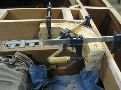 Hot Rod: Carlings and trim: Second corner lamination at Frame # 4 clamped
