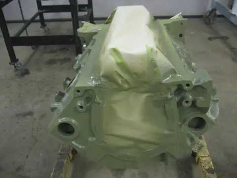 Hot Rod: 355 engine: Block was stripped to bare metal, prepped and masked to ready it for paint