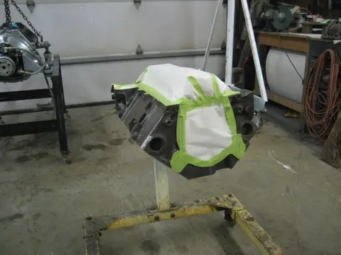 Hot Rod: 355 engine: Block was stripped to bare metal, prepped and masked to ready it for paint