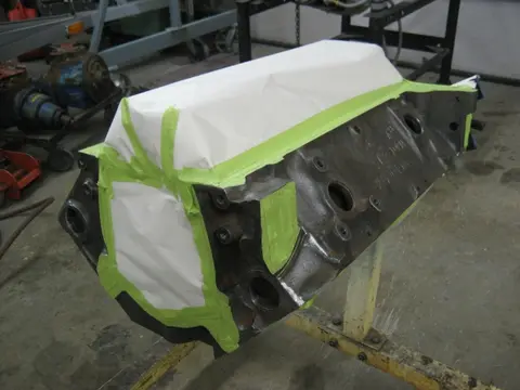 Hot Rod: 355 engine: Block was stripped to bare metal, prepped and masked to ready it for paint