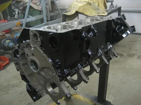 Hot Rod: 355 engine: Prior to painting, the block was sent out for hot tanking, magnafluxed to check it for cra