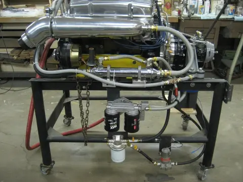 Hot Rod: 355 engine: The bottom portion of our custom built 12 quart oil pan received a coat of truck bed liner
