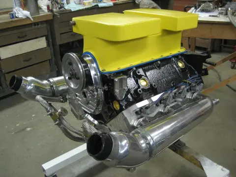 Hot Rod: 355 engine: The bottom portion of our custom built 12 quart oil pan received a coat of truck bed liner