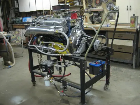 Hot Rod: 355 engine: The bottom portion of our custom built 12 quart oil pan received a coat of truck bed liner