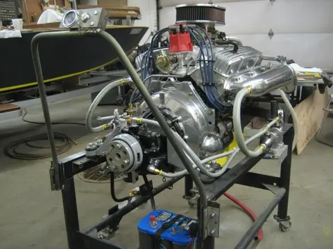 Hot Rod: 355 engine: The bottom portion of our custom built 12 quart oil pan received a coat of truck bed liner