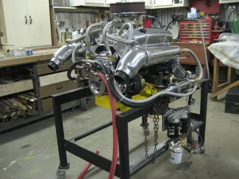Hot Rod: 355 engine: The bottom portion of our custom built 12 quart oil pan received a coat of truck bed liner