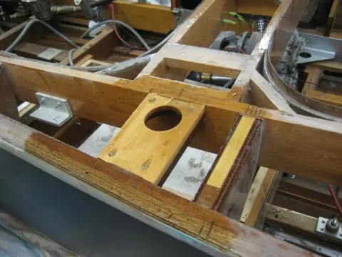 Hot Rod: Jump seats and fuel tank: Fuel fill blocking was laminated from marine grade plywood and Douglas Fir stock