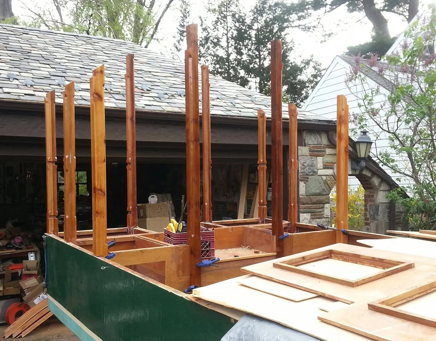 Jersey Girl: Jersey Girl's aft deck forest sprouts four more new roof support posts, clamped in...