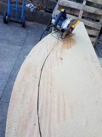 Jersey Girl: Still working on the jig for Jersey Girl's laminated cedar roof beams.