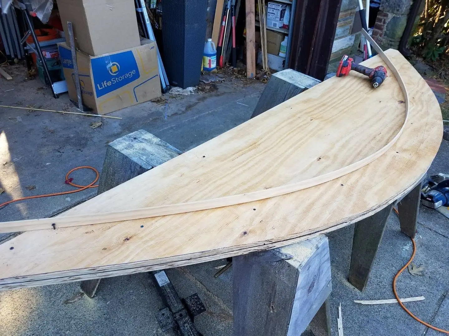 Jersey Girl: Still working on the jig for Jersey Girl's laminated cedar roof beams.